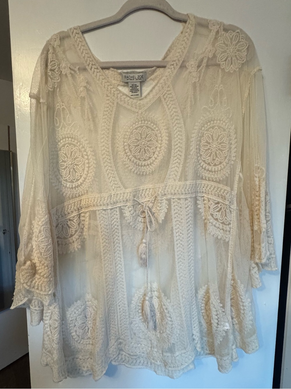 Rachel Zoe Ivory Crochet Tunic Lace Top with Tassel Tie